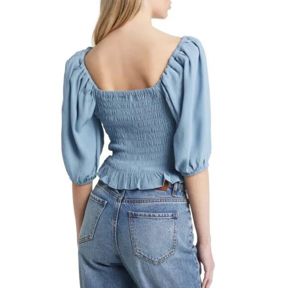 Open Edit Puff Sleeve Ruched Crop Top in Chambray Blue - Picture 2 of 8